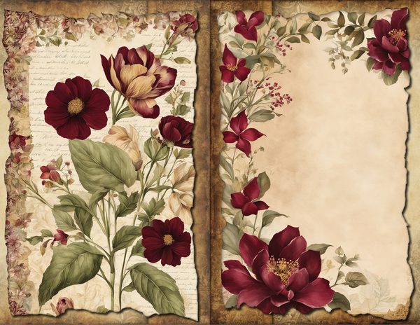 Vintage Burgundy Floral Watercolor Digital Paper Kit: Printable Papers, Cards, Tags, Ephemera — image 1