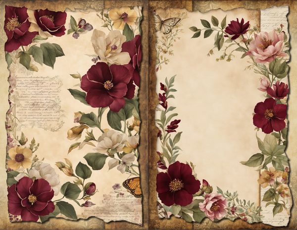 Vintage Burgundy Floral Watercolor Digital Paper Kit: Printable Papers, Cards, Tags, Ephemera — image 3
