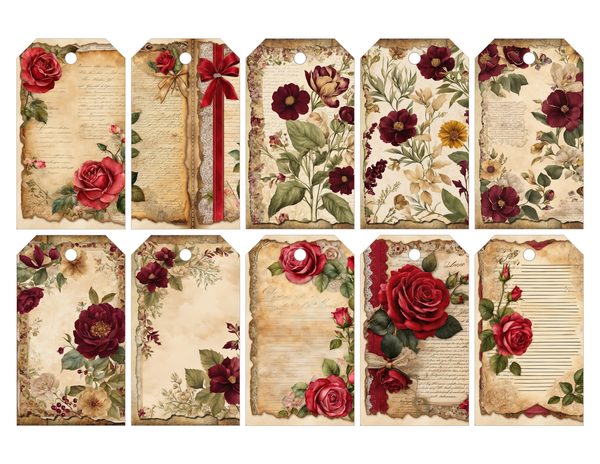 Vintage Burgundy Floral Watercolor Digital Paper Kit: Printable Papers, Cards, Tags, Ephemera — image 27