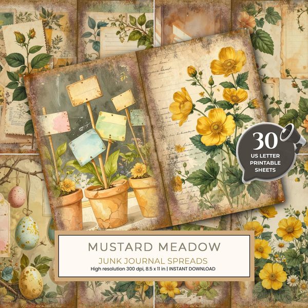 Wildflower Mustard Meadow Journal Spreads: 30 Printable Open Book Pages, Commercial Use