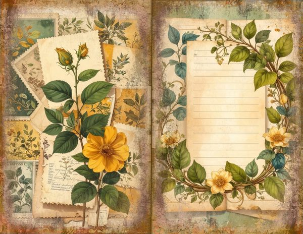 Wildflower Mustard Meadow Journal Spreads: 30 Printable Open Book Pages, Commercial Use — image 1
