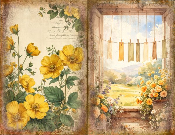 Wildflower Mustard Meadow Journal Spreads: 30 Printable Open Book Pages, Commercial Use — image 19