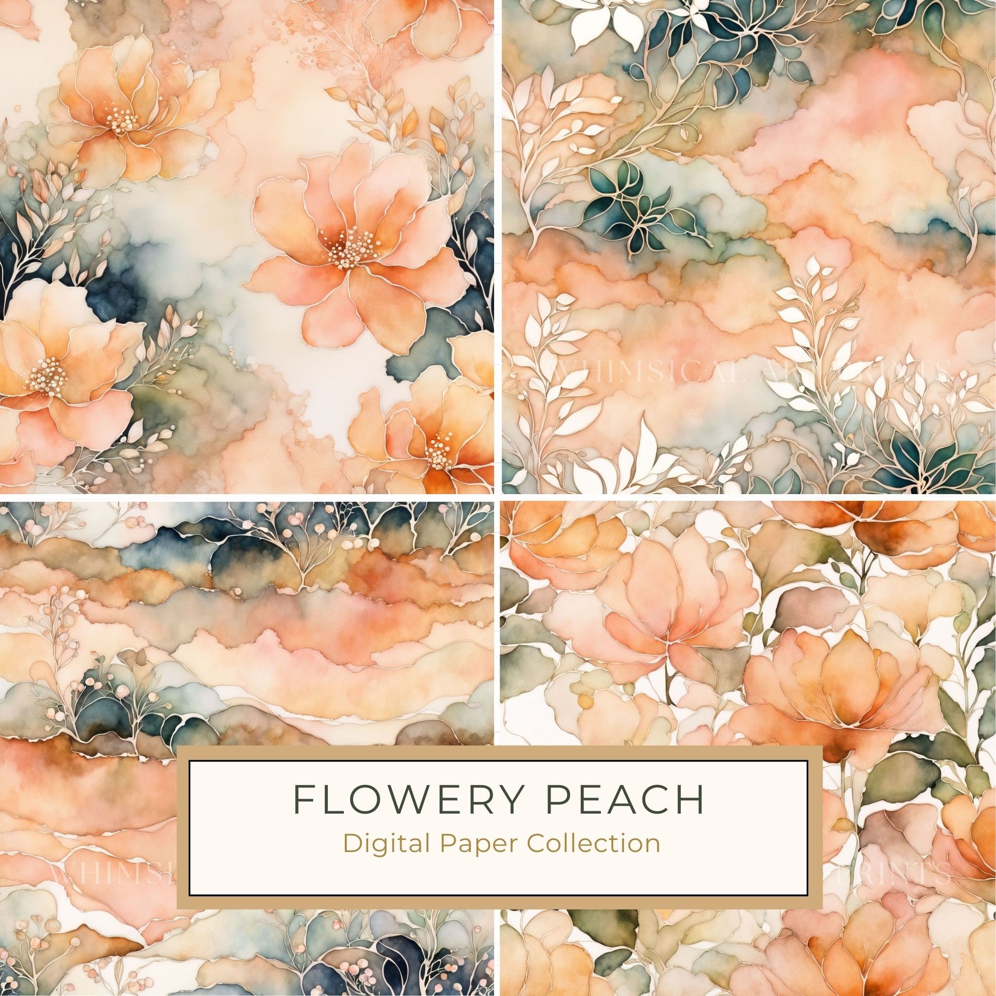Peach Floral Watercolor Digital Paper: Boho Art Backgrounds (10 JPGs)