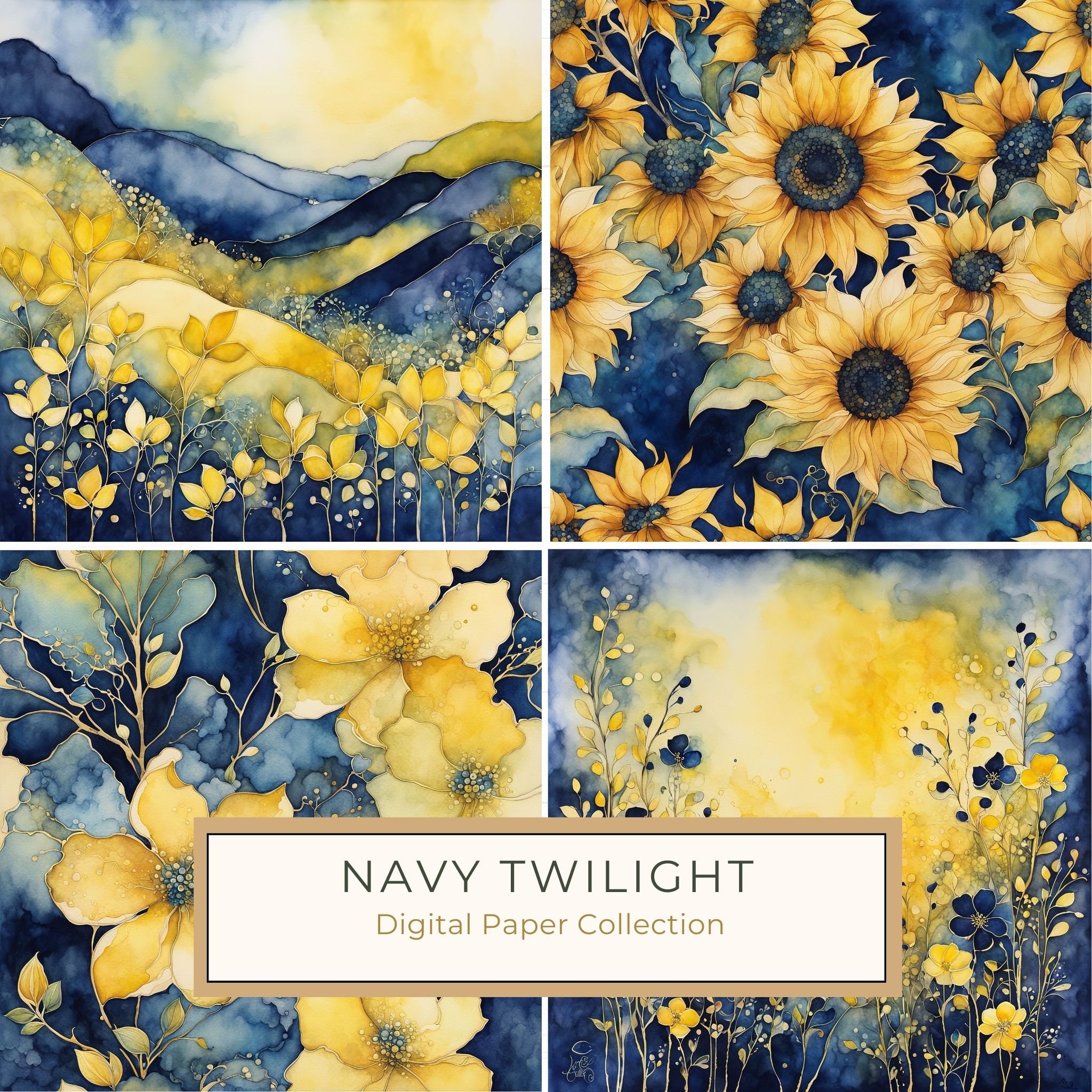 Navy Abstract Floral Digital Paper Set: Watercolor Backgrounds (10 JPGs)