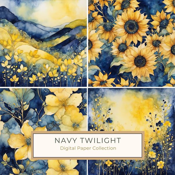 Navy Abstract Floral Digital Paper Set: Watercolor Backgrounds (10 JPGs)