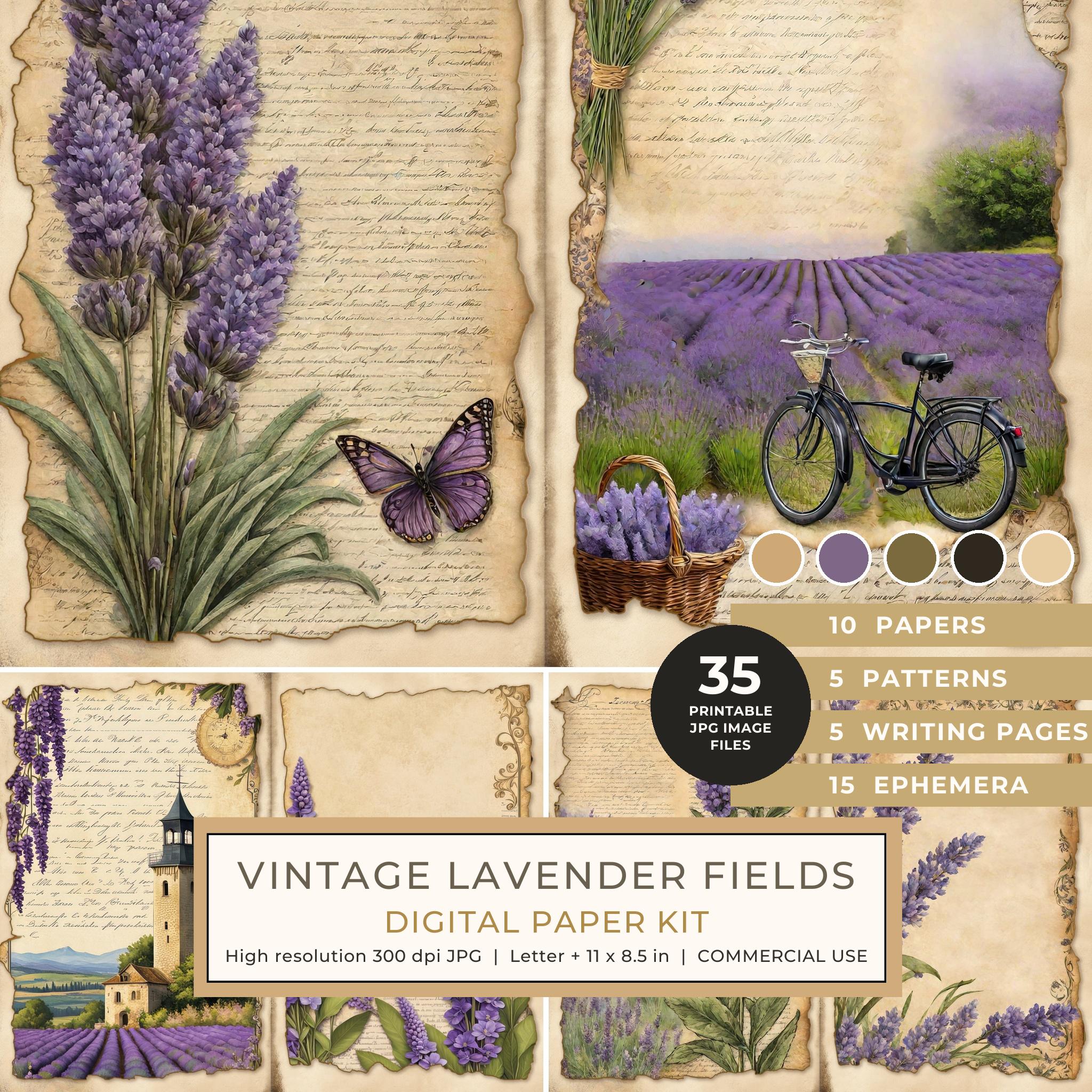 Vintage Lavender Fields Watercolor Digital Paper Kit: Printable Papers, Cards, Tags, Ephemera