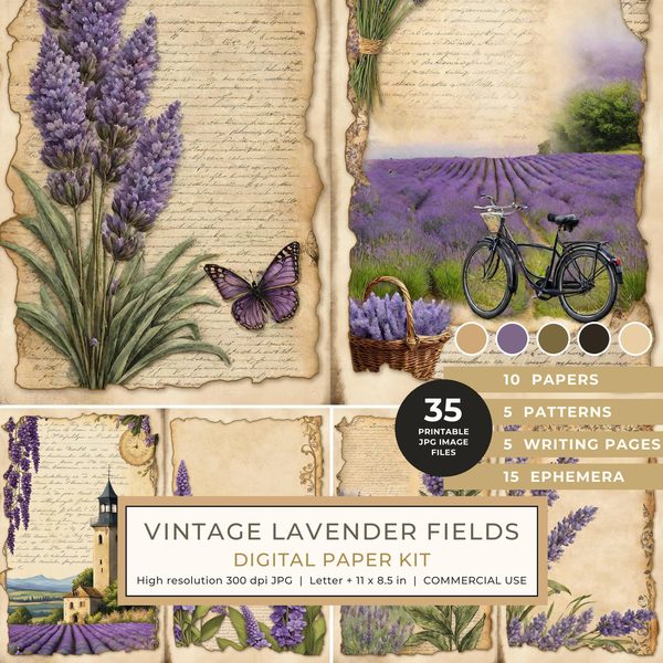 Vintage Lavender Fields Watercolor Digital Paper Kit: Printable Papers, Cards, Tags, Ephemera
