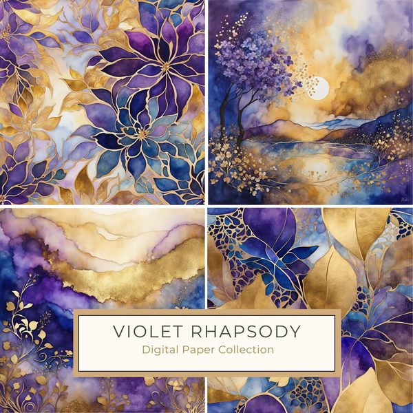 Violet Rhapsody Floral Digital Paper Set: Gold & Purple Boho Art (10 JPGs)