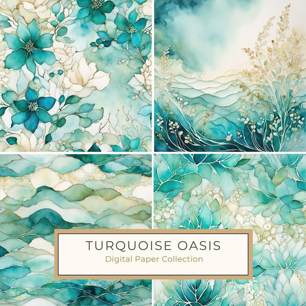 Turquoise Floral Digital Paper Set: Gold Foil Boho Art (10 JPGs)