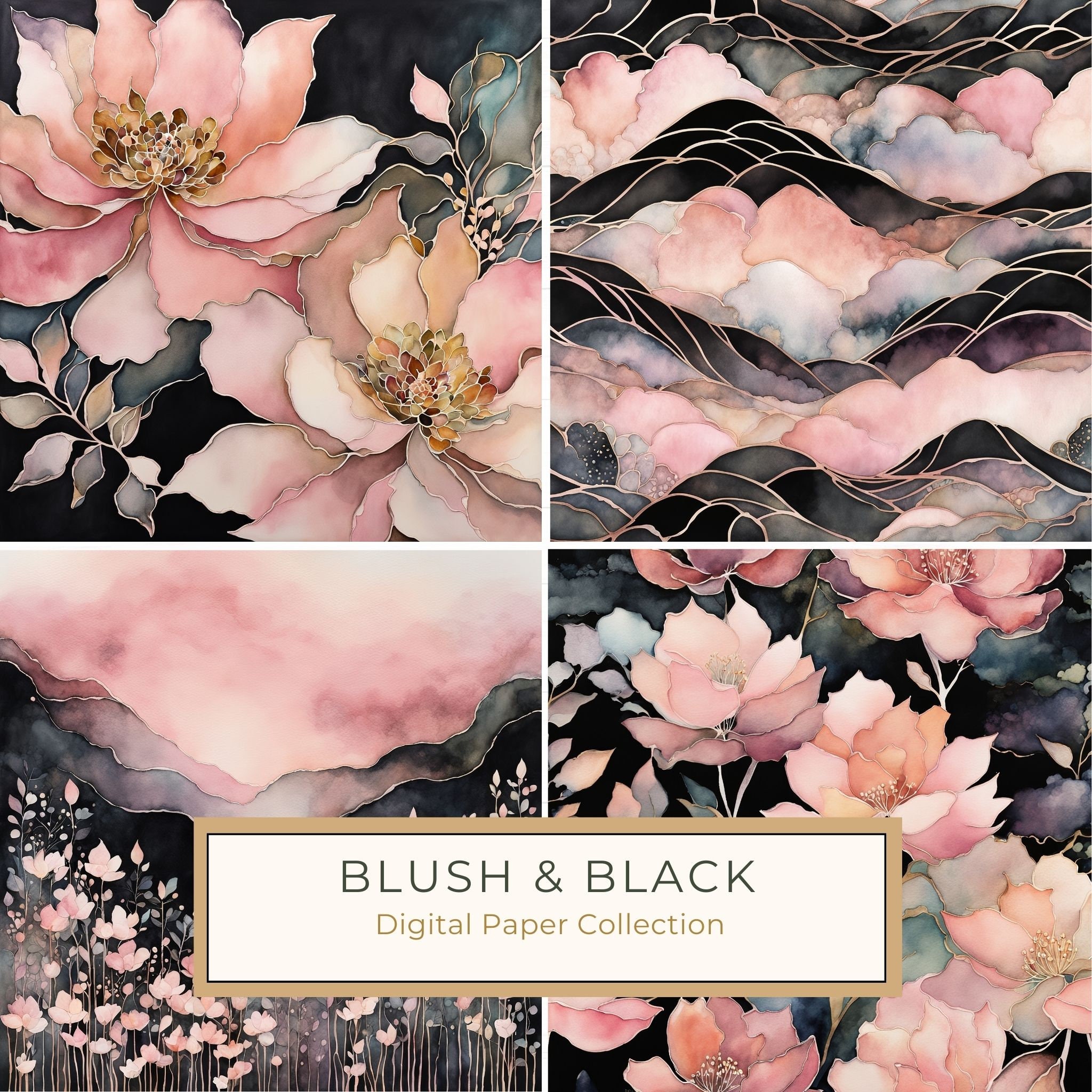 Blush & Black Floral Digital Paper Set: Gold Foil, Bohemian (10 JPGs Commercial Use)
