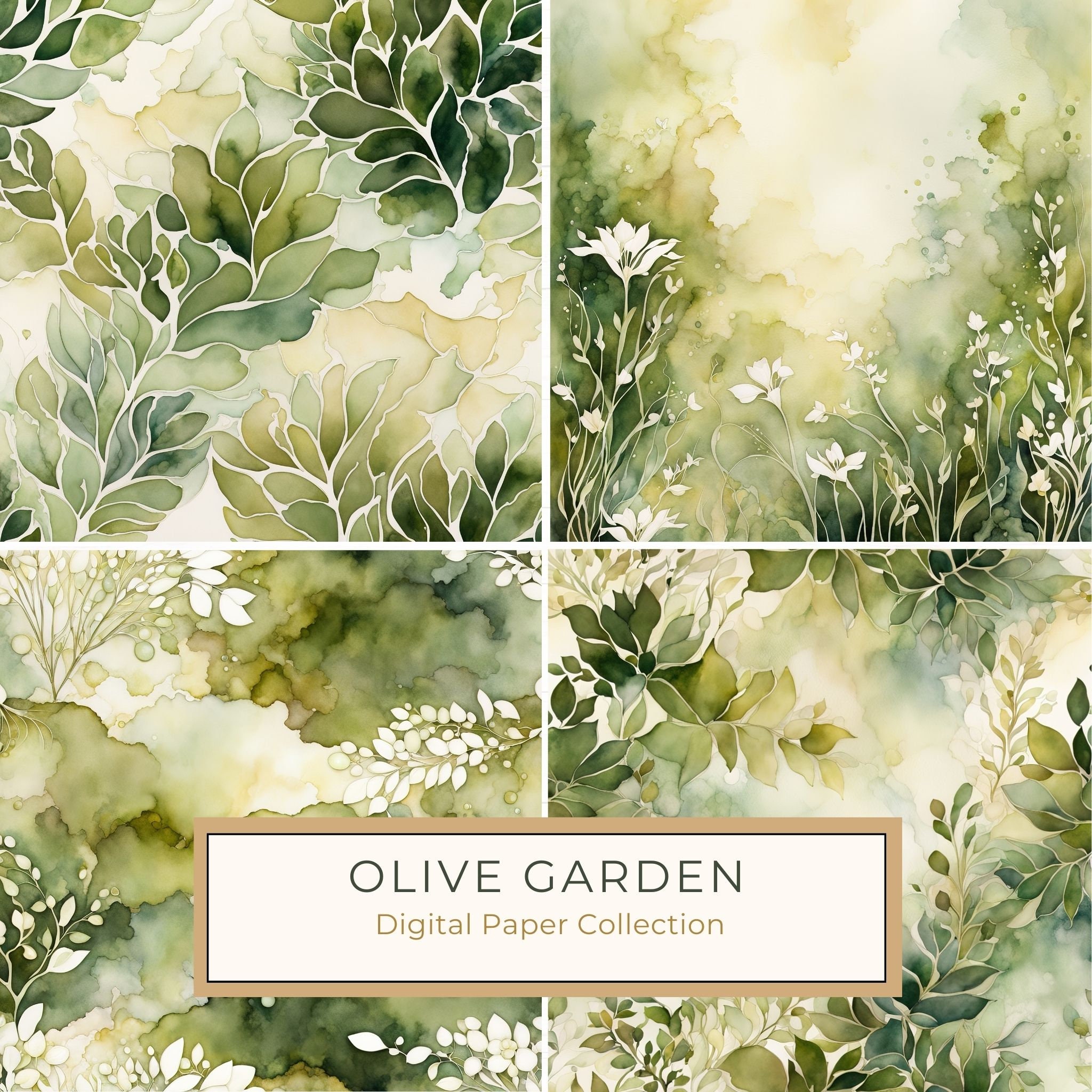 Watercolor Floral Digital Paper: Olive Green & Cream (Commercial Use)