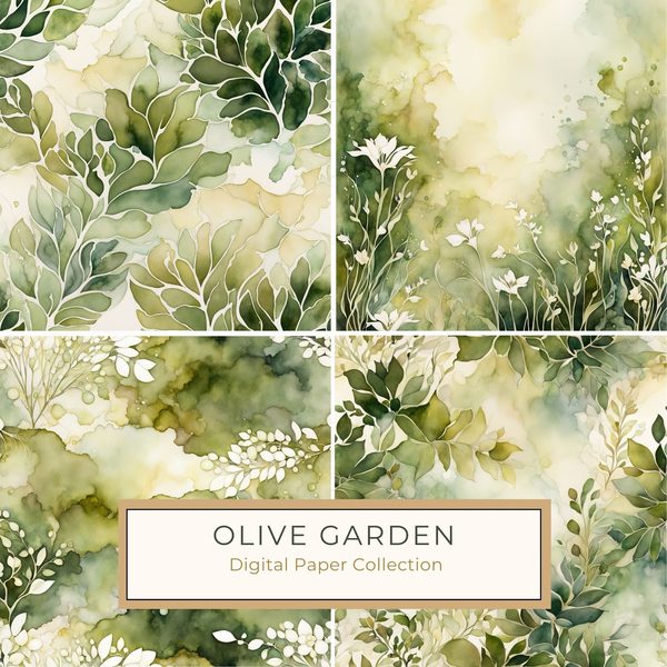 Watercolor Floral Digital Paper: Olive Green & Cream (Commercial Use)