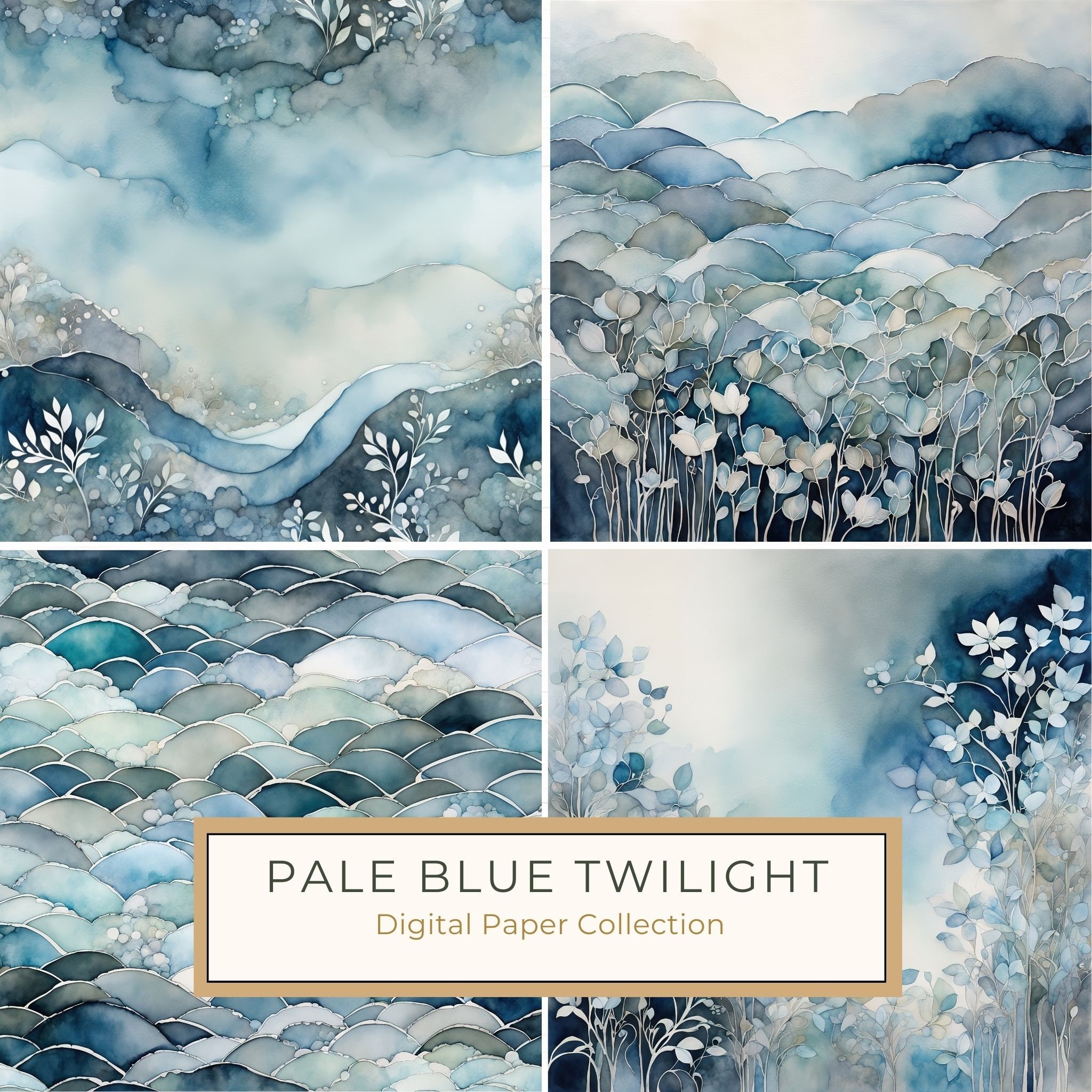 Dusty Blue Watercolor Landscape Digital Paper Pack (10 JPG)