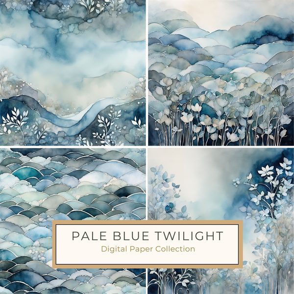 Dusty Blue Watercolor Landscape Digital Paper Pack (10 JPG)