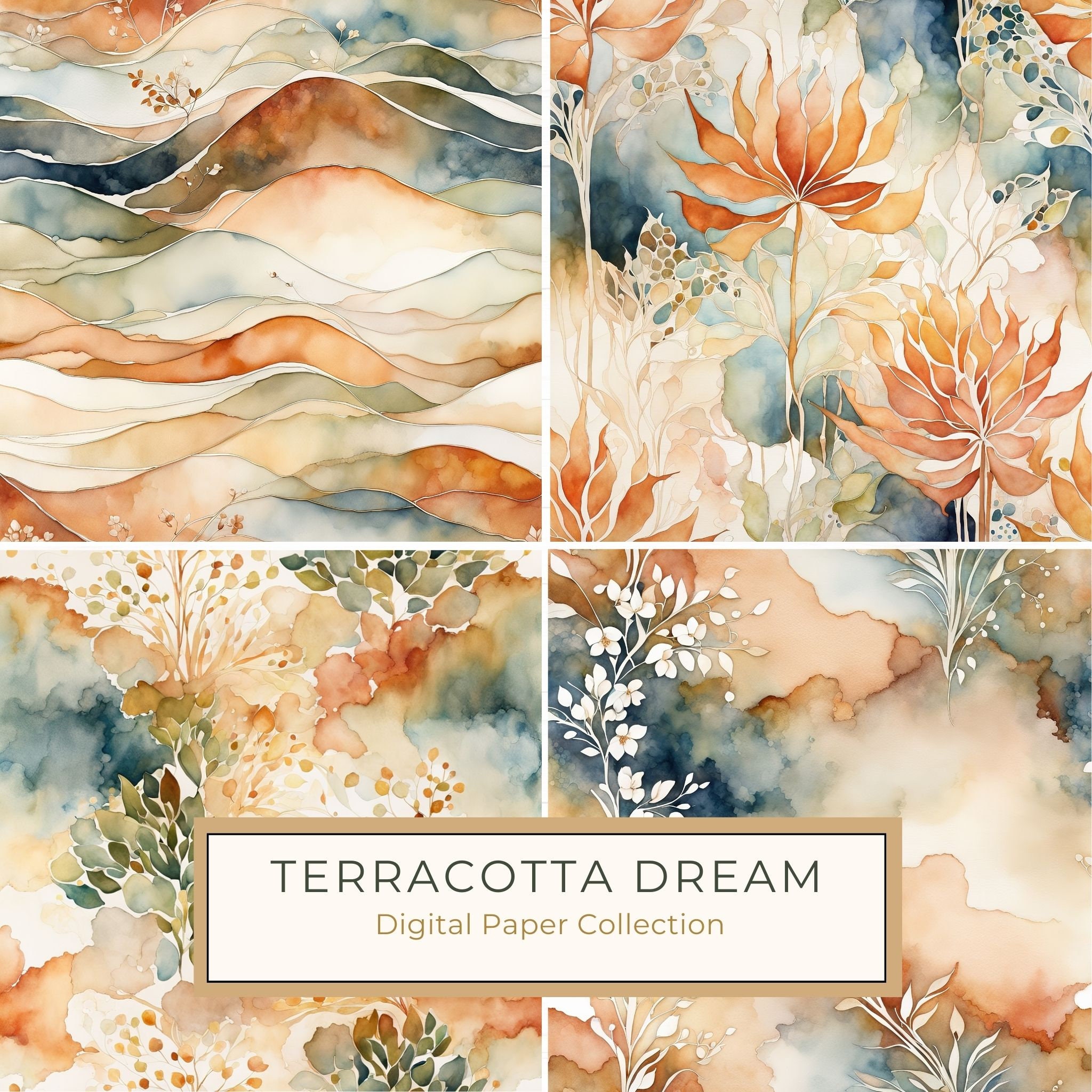 Terracotta Floral Digital Paper Set: Bohemian Watercolor Backgrounds (10 JPGs)