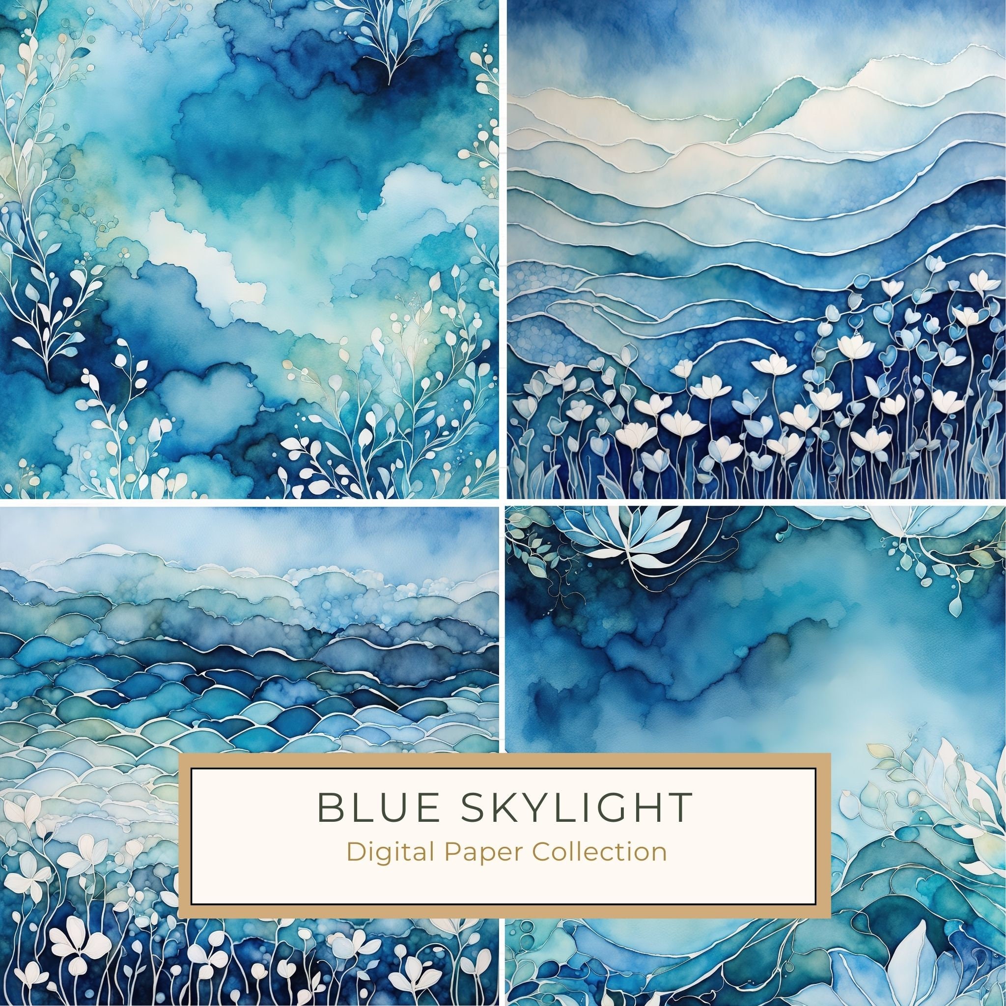 Blue Abstract Floral Digital Paper Set: Bohemian Sky JPGs (Commercial Use)