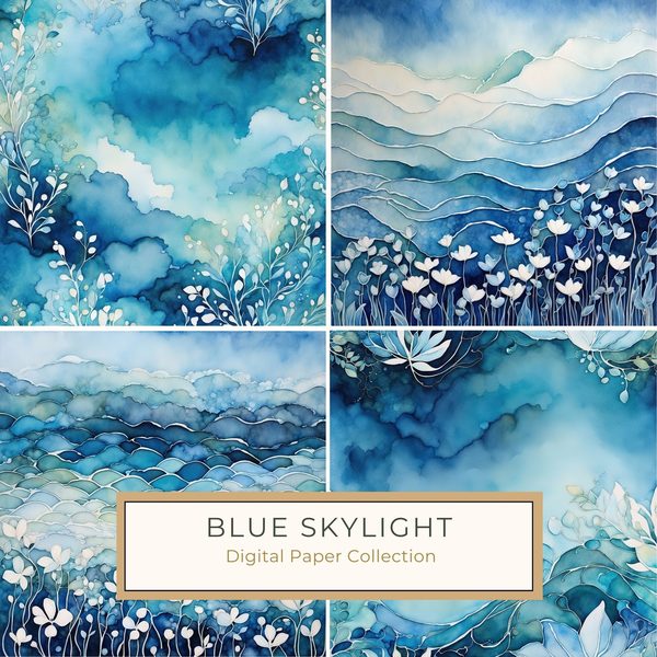Blue Abstract Floral Digital Paper Set: Bohemian Sky JPGs (Commercial Use)