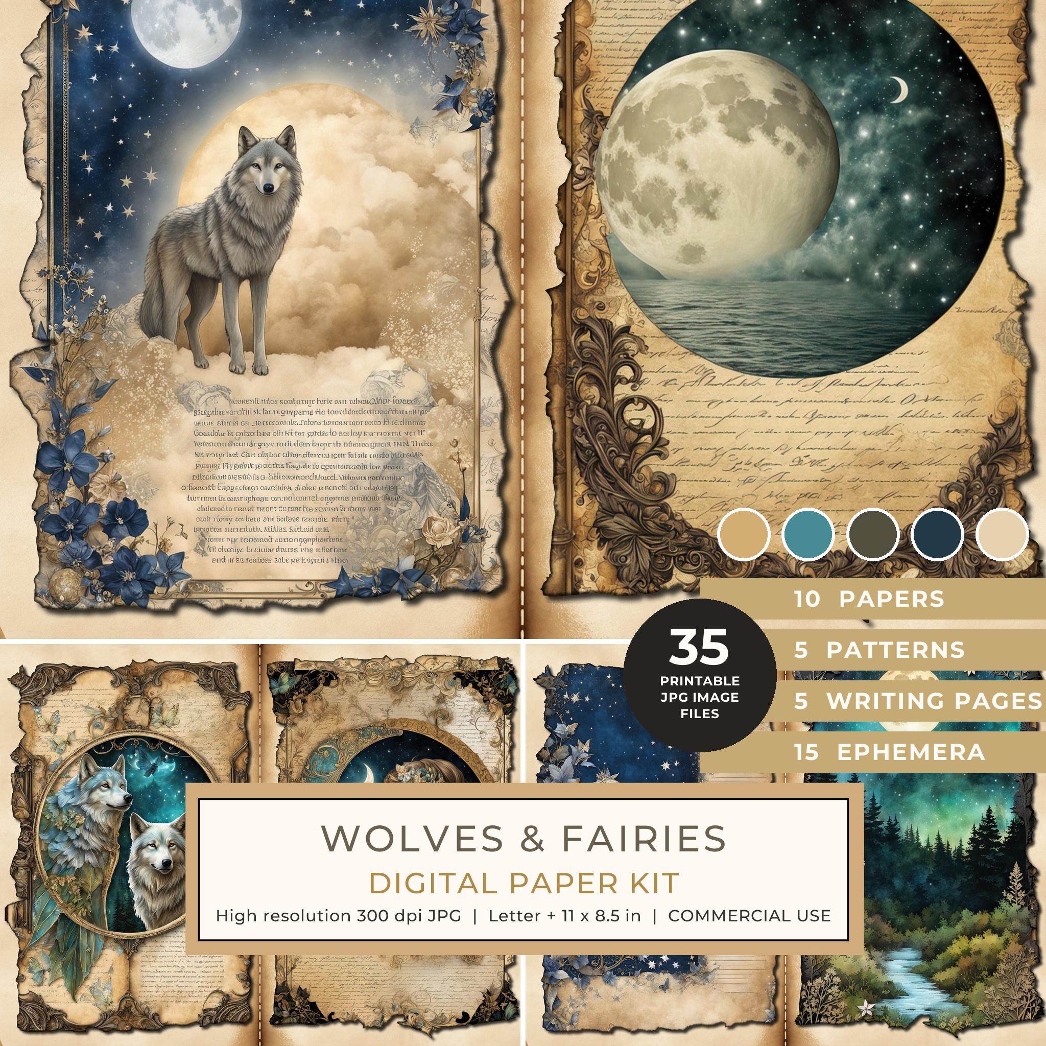 Wolves and Fairies Watercolor Digital Paper Kit: Printable Papers, Cards, Tags, Ephemera