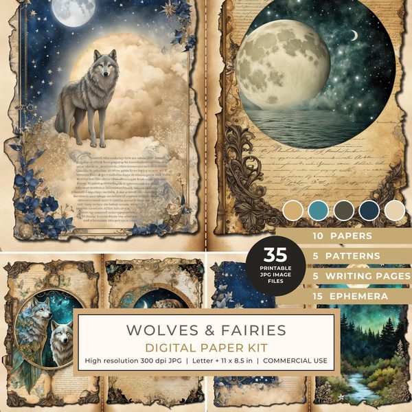 Wolves and Fairies Watercolor Digital Paper Kit: Printable Papers, Cards, Tags, Ephemera