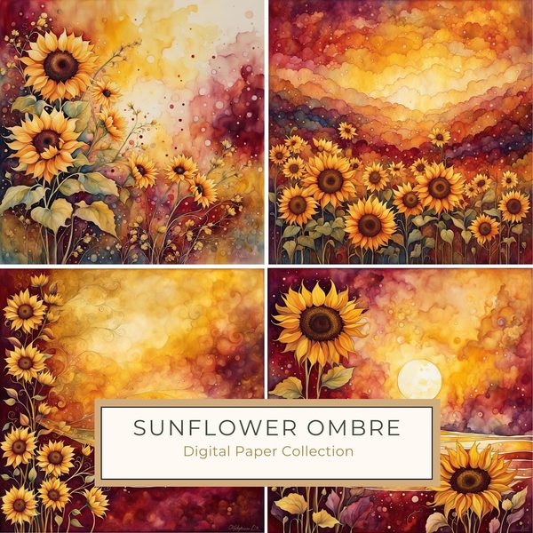 Sunflower Ombre Digital Paper Set: Burgundy Sunset Art (10 JPGs)