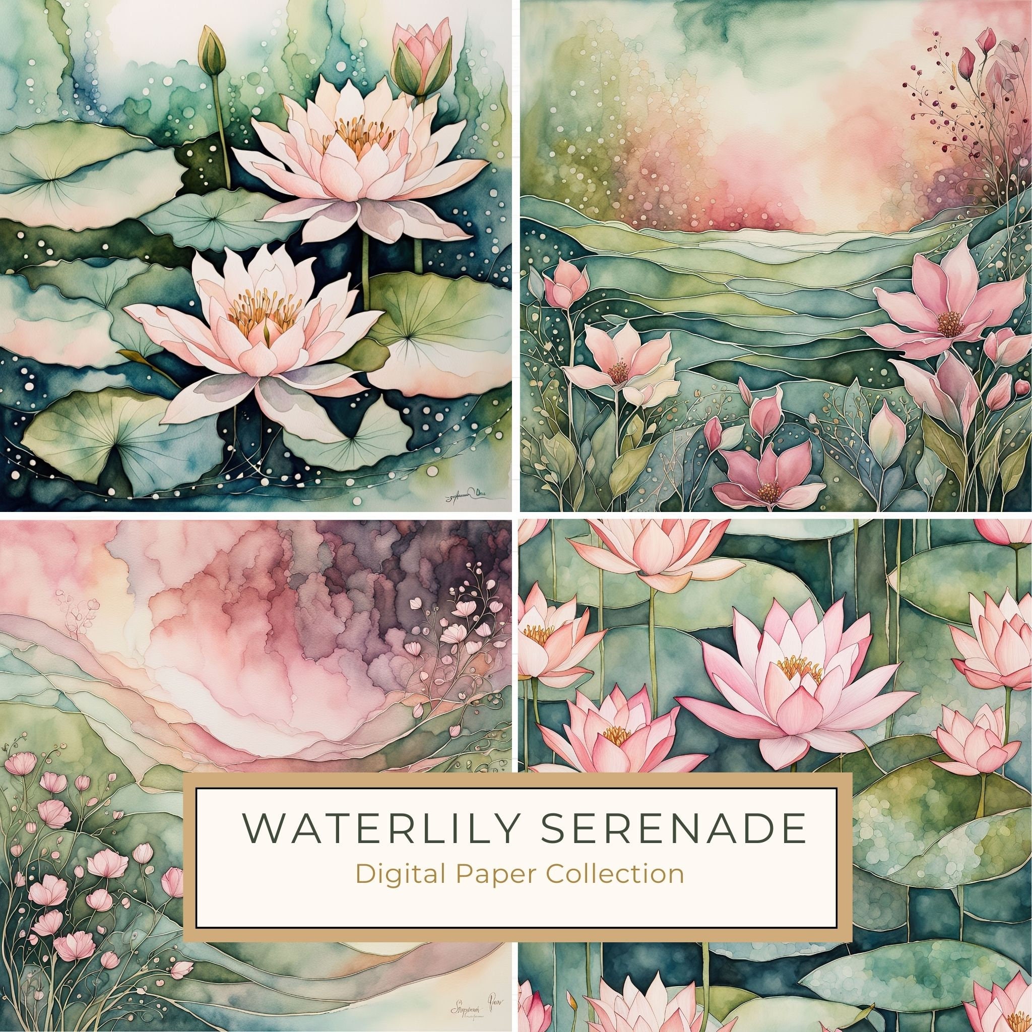 Waterlily Digital Paper Set: Rose & Sage Watercolor Backgrounds (10 JPGs)
