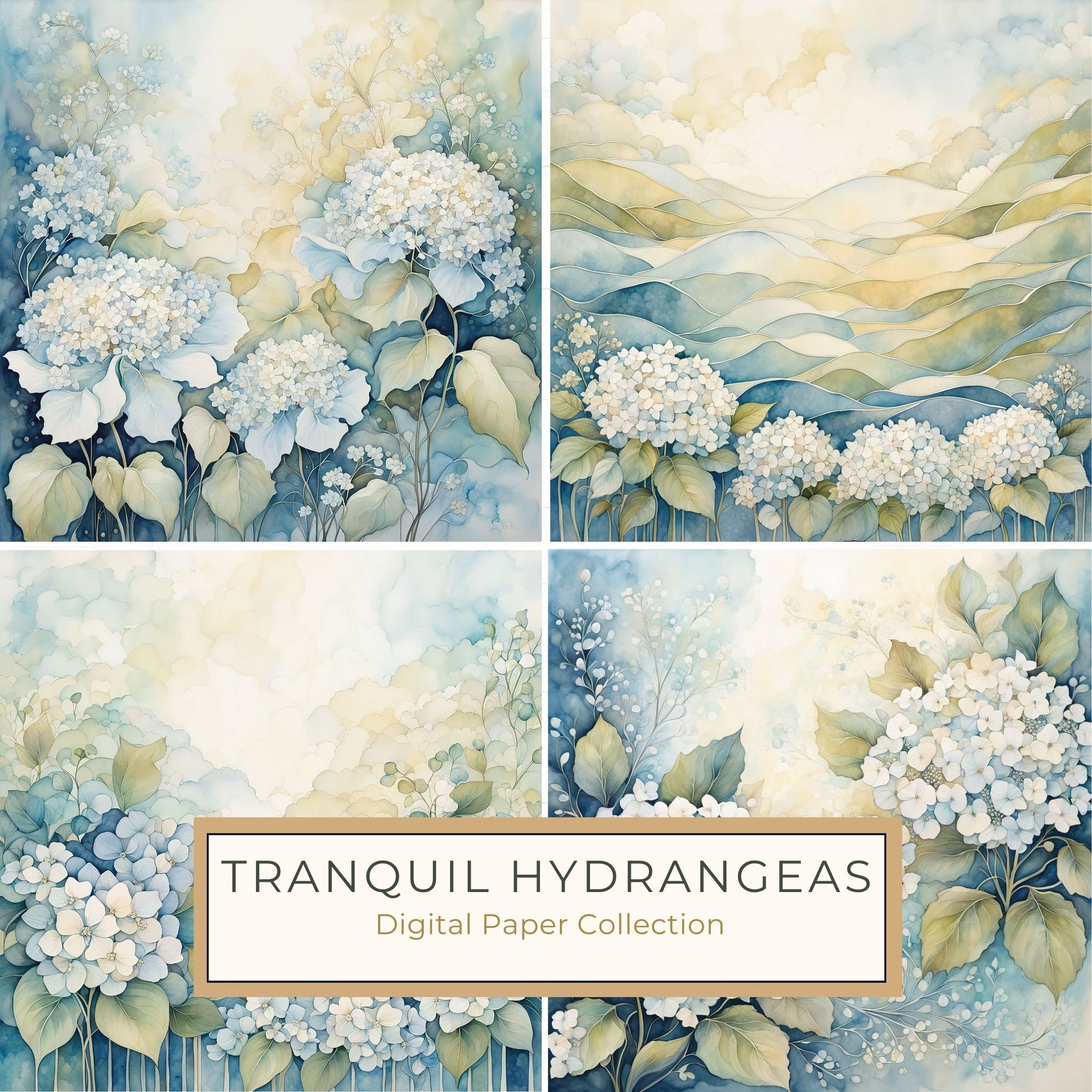 Watercolor Hydrangea Digital Paper Set: Baby Blue Floral Art (10 JPGs, Commercial Use)