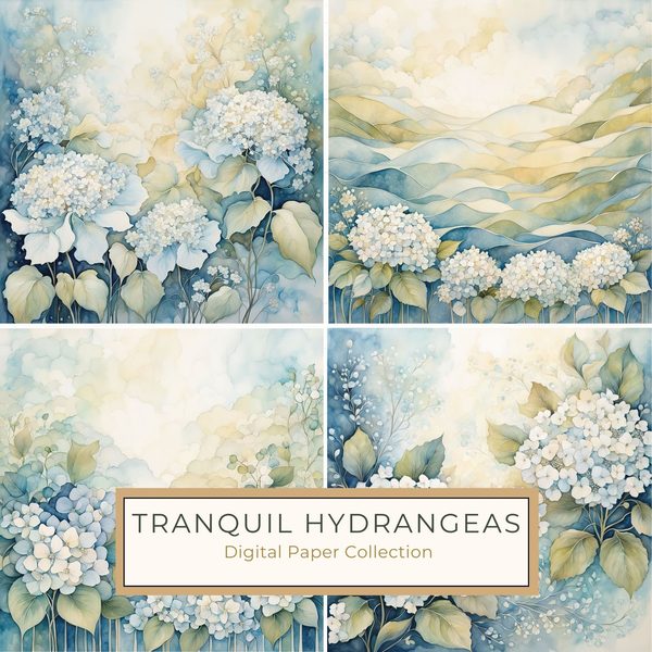 Watercolor Hydrangea Digital Paper Set: Baby Blue Floral Art (10 JPGs, Commercial Use)