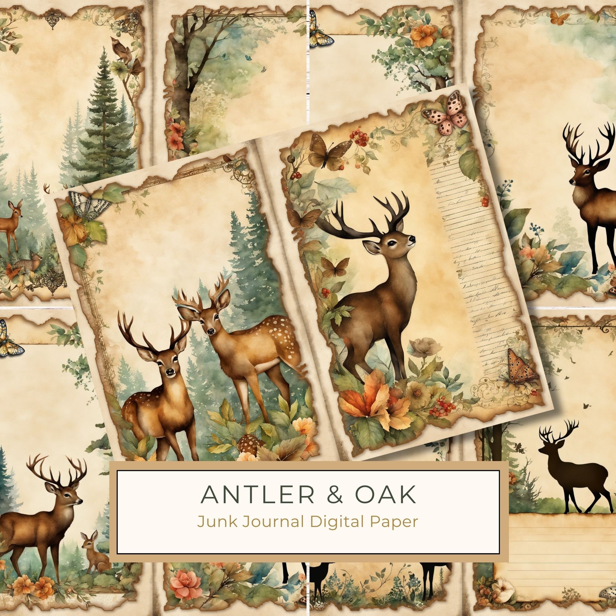 Antler & Oak Junk Journal Pages: Deer Theme Digital Paper (Commercial Use)