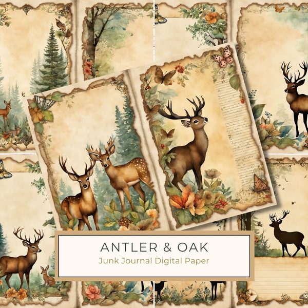 Antler & Oak Junk Journal Pages: Deer Theme Digital Paper (Commercial Use)
