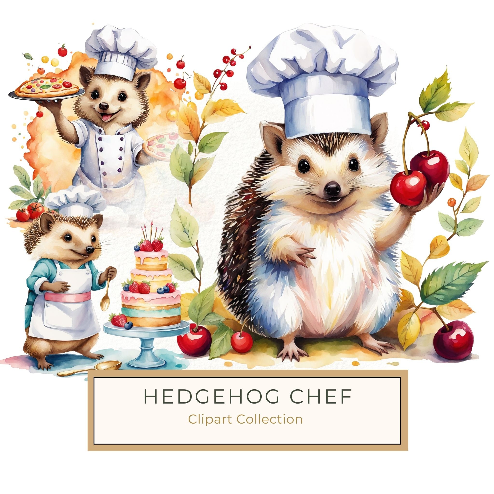 Watercolor Hedgehog Chef Clipart: Whimsical Kitchen Art (PNG & JPG)