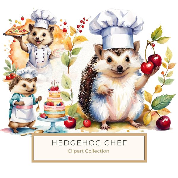 Watercolor Hedgehog Chef Clipart: Whimsical Kitchen Art (PNG & JPG)