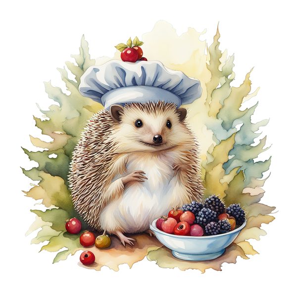 Watercolor Hedgehog Chef Clipart: Whimsical Kitchen Art (PNG & JPG) — image 1