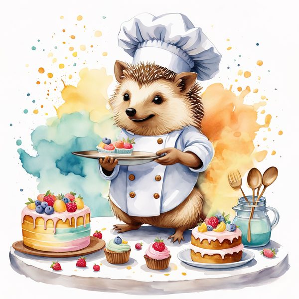 Watercolor Hedgehog Chef Clipart: Whimsical Kitchen Art (PNG & JPG) — image 6