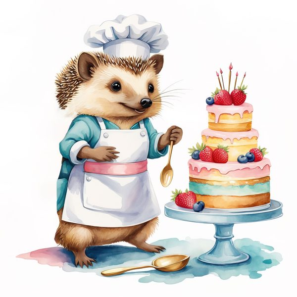 Watercolor Hedgehog Chef Clipart: Whimsical Kitchen Art (PNG & JPG) — image 9