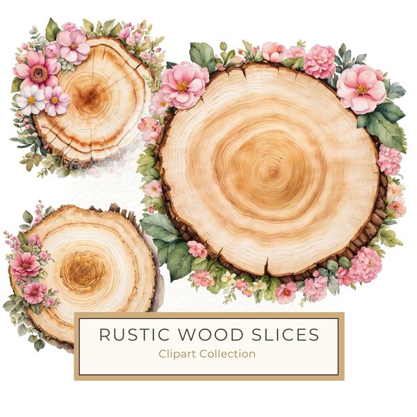 Watercolor Floral Wood Slice Clipart: Pink PNG Graphics (Commercial Use, Digital Download)