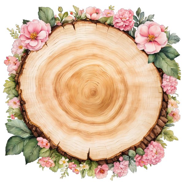 Watercolor Floral Wood Slice Clipart: Pink PNG Graphics (Commercial Use, Digital Download) — image 1