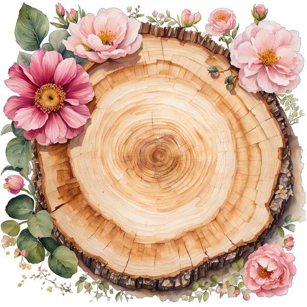 Watercolor Floral Wood Slice Clipart: Pink PNG Graphics (Commercial Use, Digital Download) — image 11