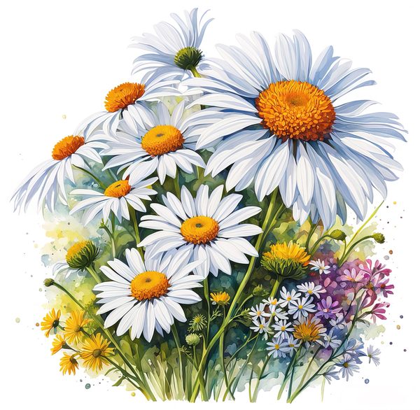 Wildflower Garden Clipart: Daisies, Yarrow, Watercolor Art (Digital Download) — image 1