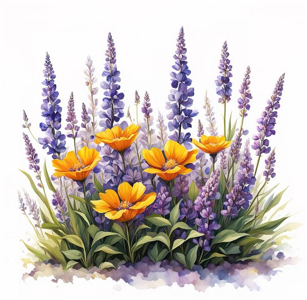 Watercolor Wildflower Clipart: Lavender Flowerbed PNG JPG (Commercial Use) — image 1