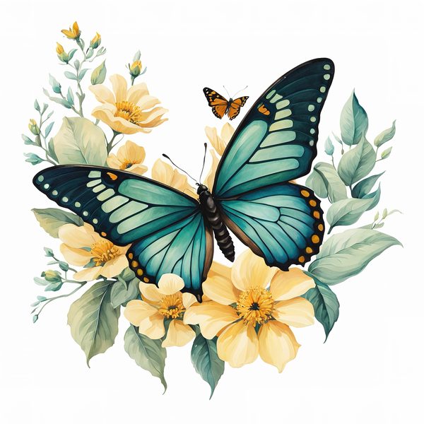 Blue Butterfly Clipart: Boho Watercolor Floral Graphics (JPG, PNG) — image 3