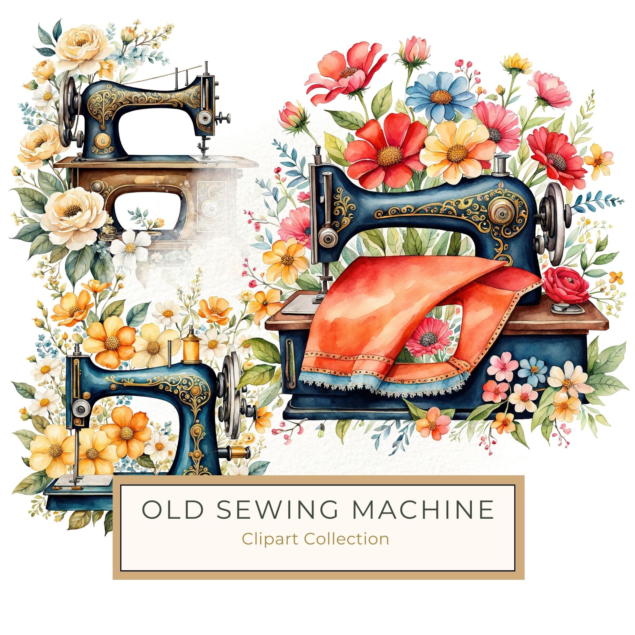 Watercolor Sewing Machine Clipart: Vintage Floral PNG JPG (Commercial Use)