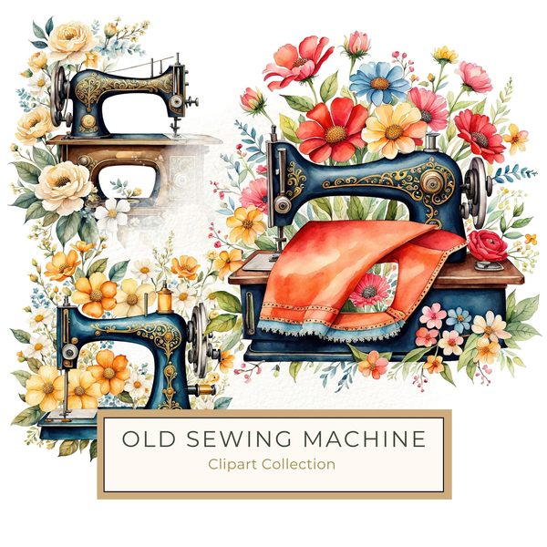 Watercolor Sewing Machine Clipart: Vintage Floral PNG JPG (Commercial Use)