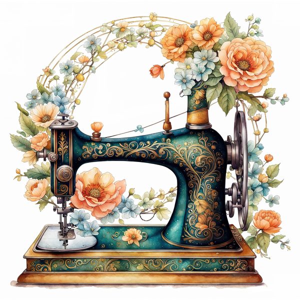 Watercolor Sewing Machine Clipart: Vintage Floral PNG JPG (Commercial Use) — image 1