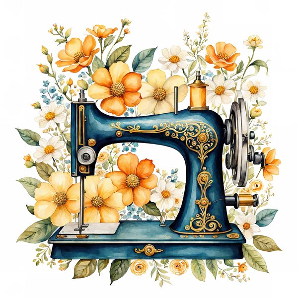Watercolor Sewing Machine Clipart: Vintage Floral PNG JPG (Commercial Use) — image 2