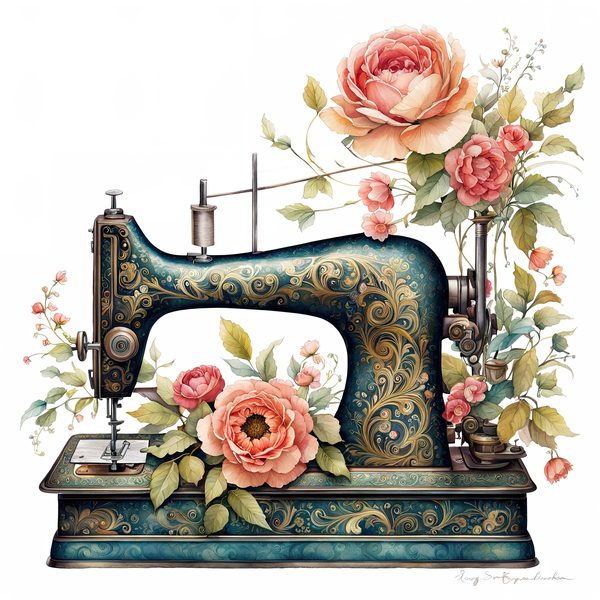 Watercolor Sewing Machine Clipart: Vintage Floral PNG JPG (Commercial Use) — image 3