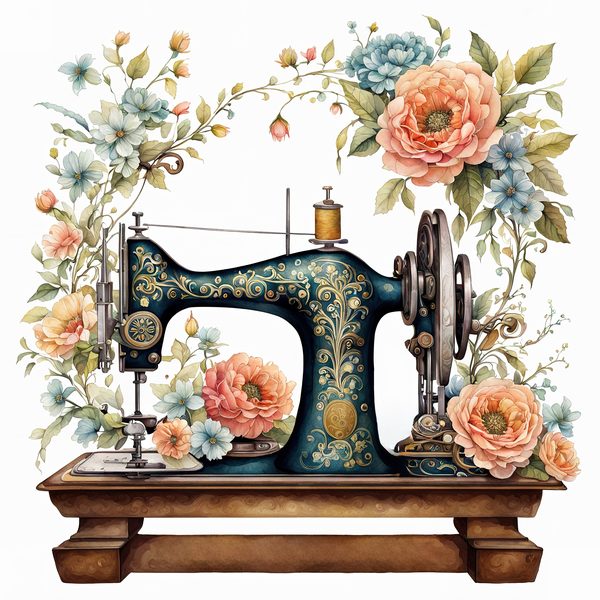 Watercolor Sewing Machine Clipart: Vintage Floral PNG JPG (Commercial Use) — image 4