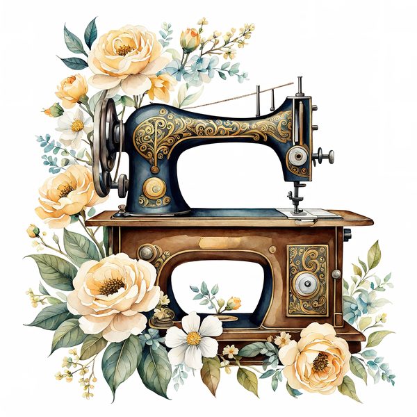 Watercolor Sewing Machine Clipart: Vintage Floral PNG JPG (Commercial Use) — image 5