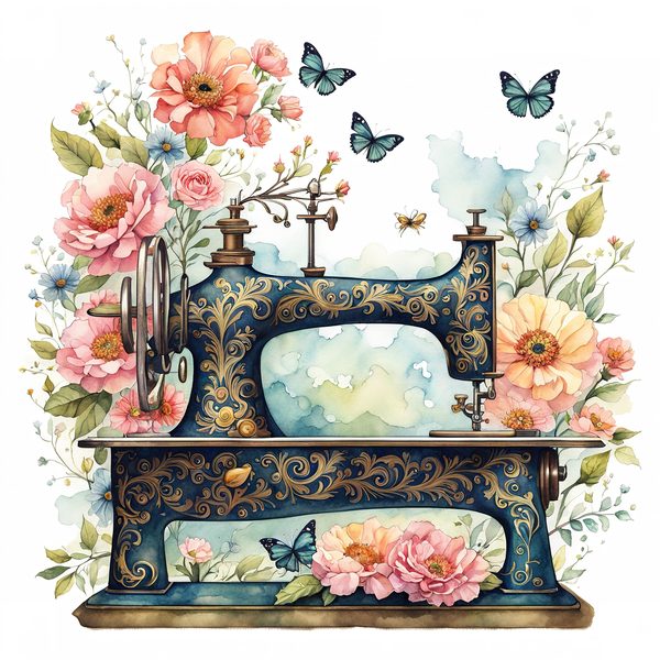 Watercolor Sewing Machine Clipart: Vintage Floral PNG JPG (Commercial Use) — image 6
