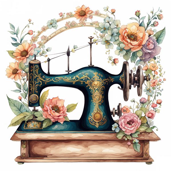 Watercolor Sewing Machine Clipart: Vintage Floral PNG JPG (Commercial Use) — image 7