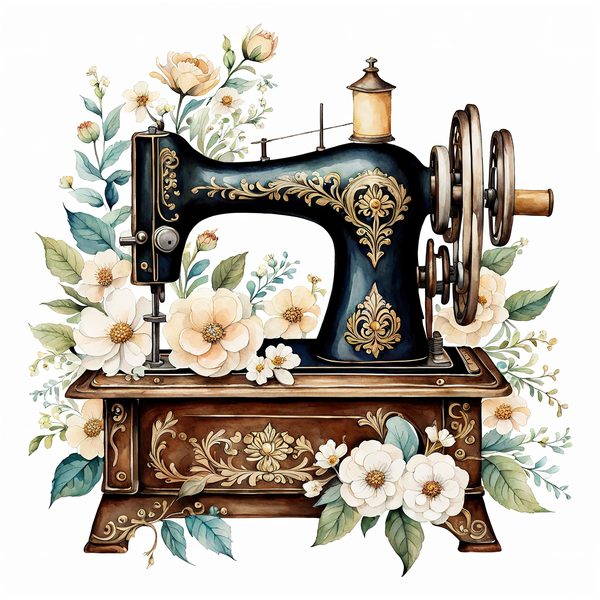 Watercolor Sewing Machine Clipart: Vintage Floral PNG JPG (Commercial Use) — image 8